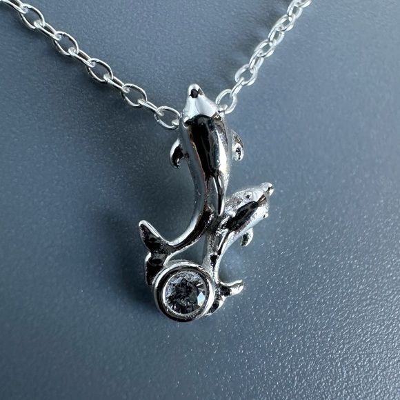 Sterling Silver CZ Dolphin Necklace - Picture 3 of 7